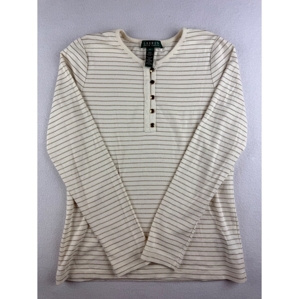 Lauren Ralph Lauren Womens Cream Gold Metallic Striped Long Sleeve Henley Top M